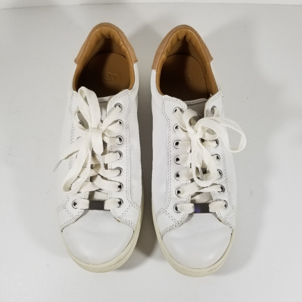 Ugg Milo Sneakers Women's Size 10 White Leather Tan Heel Pop Trainers Shoes